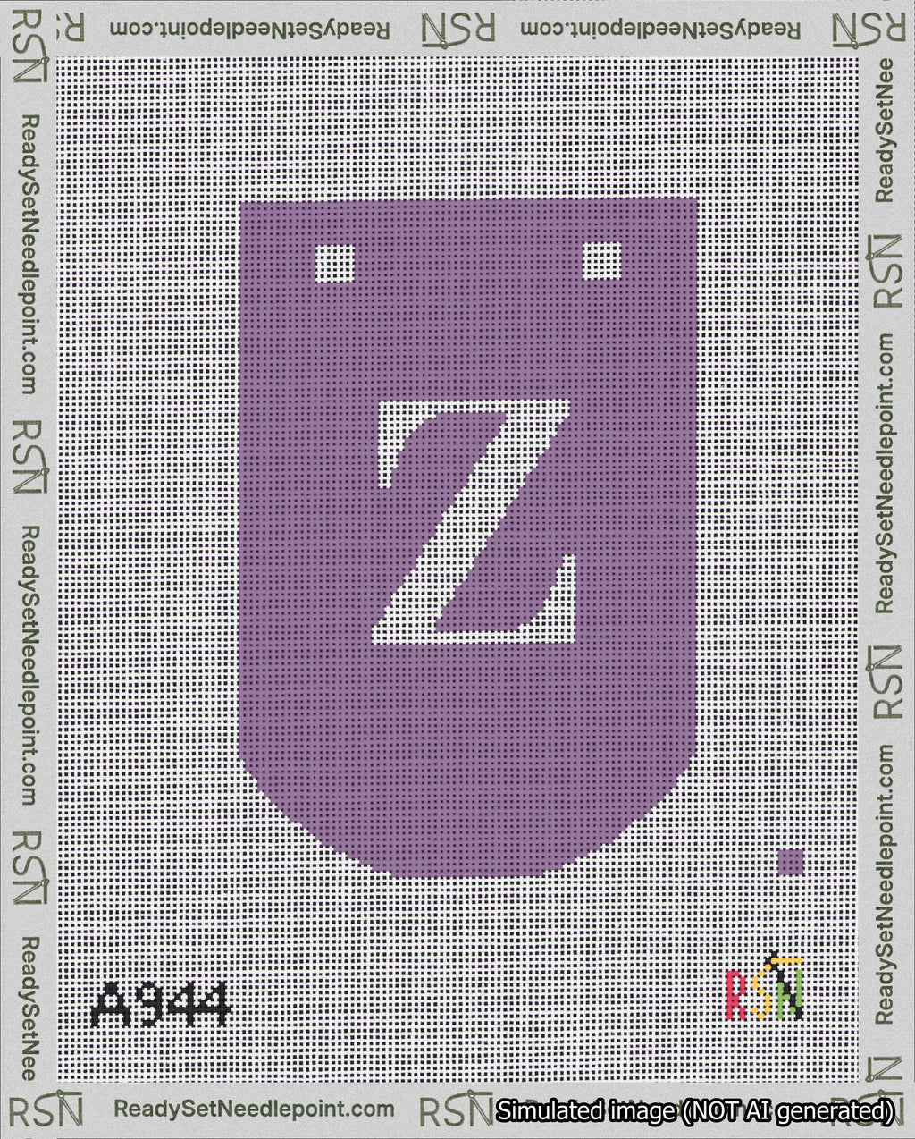 A taped needlepoint canvas with the design: Banner 18 mesh count Curved Z White on Purple.