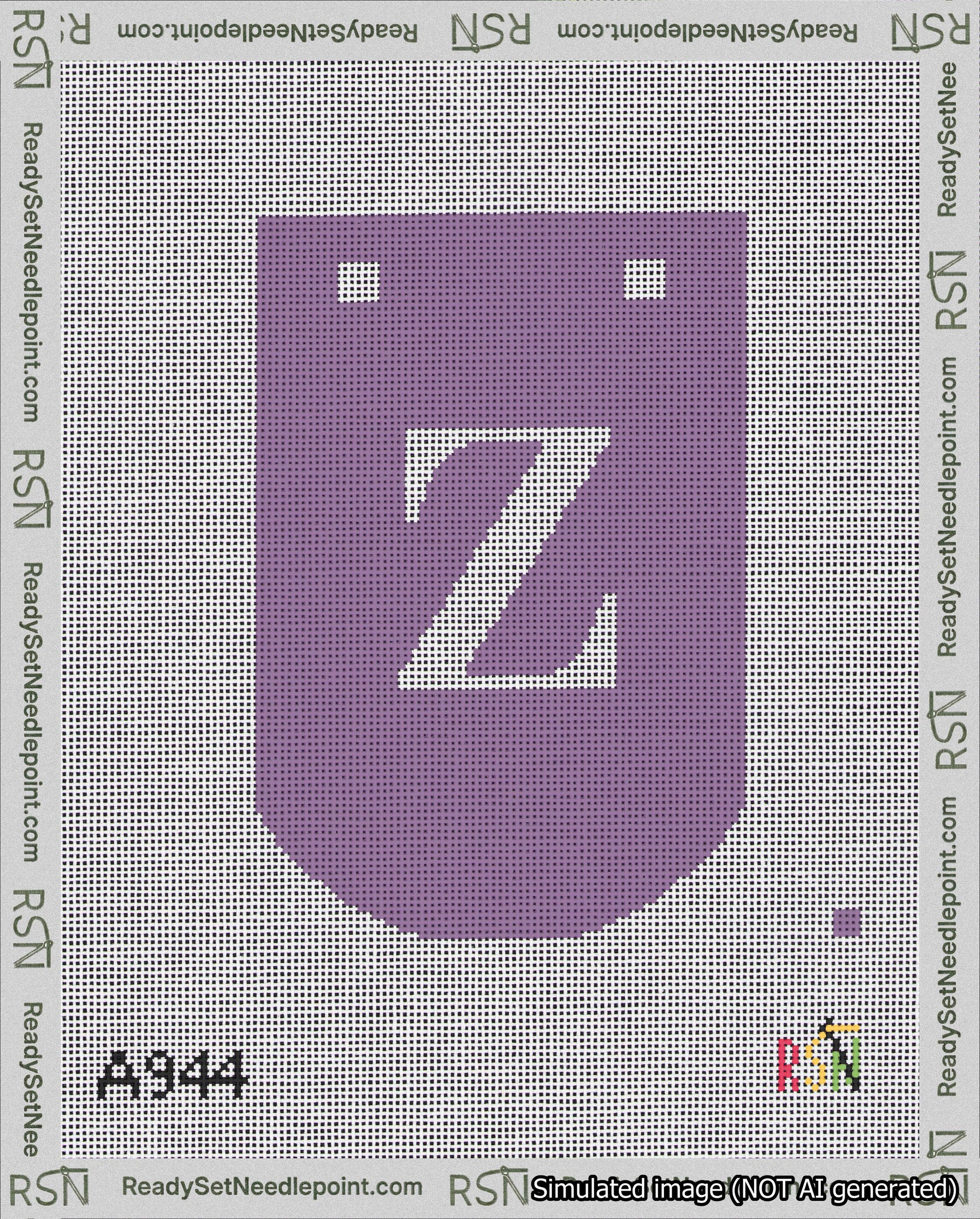 A taped needlepoint canvas with the design: Banner 18 mesh count Curved Z White on Purple.