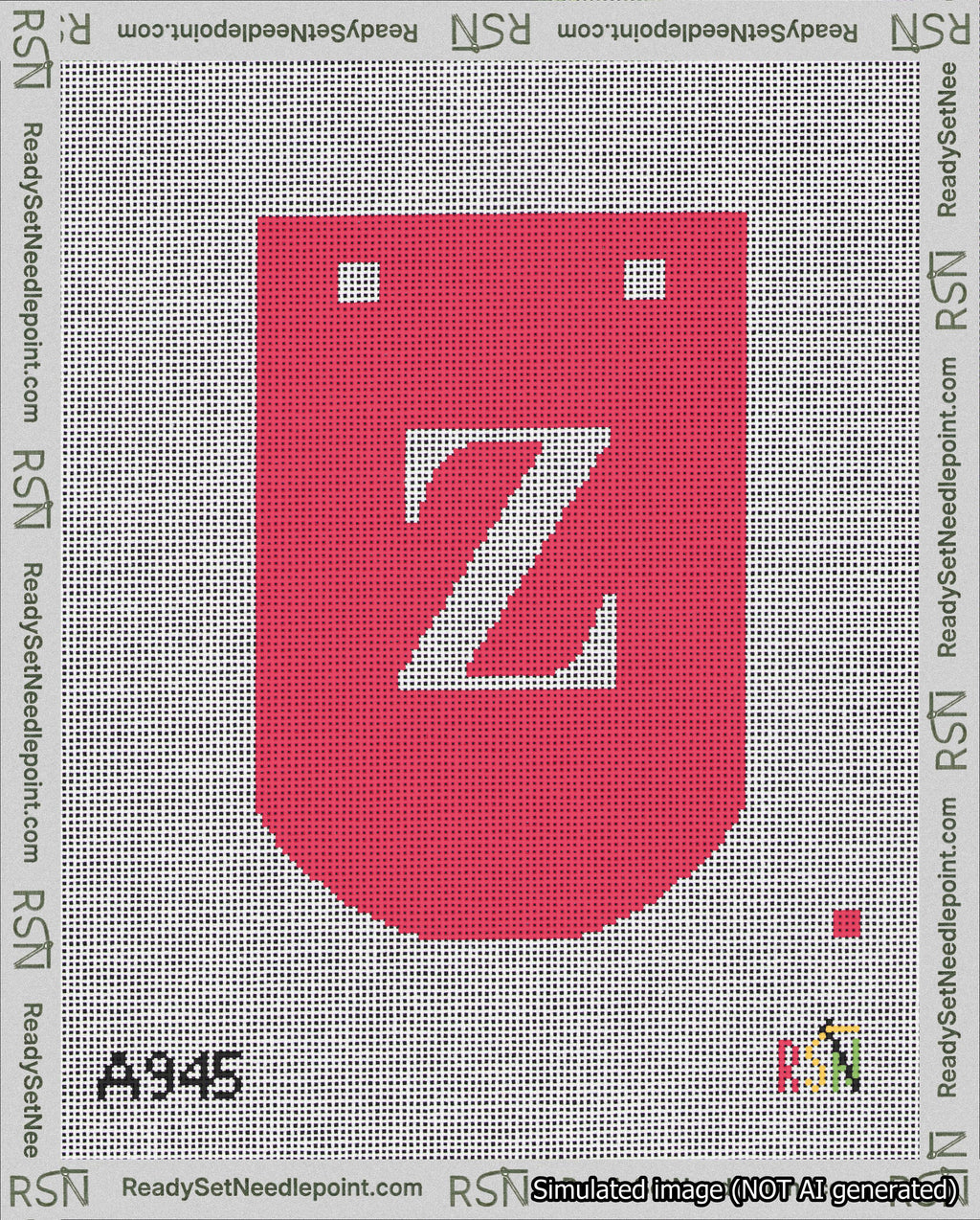 A taped needlepoint canvas with the design: Banner 18 mesh count Curved Z White on Red.