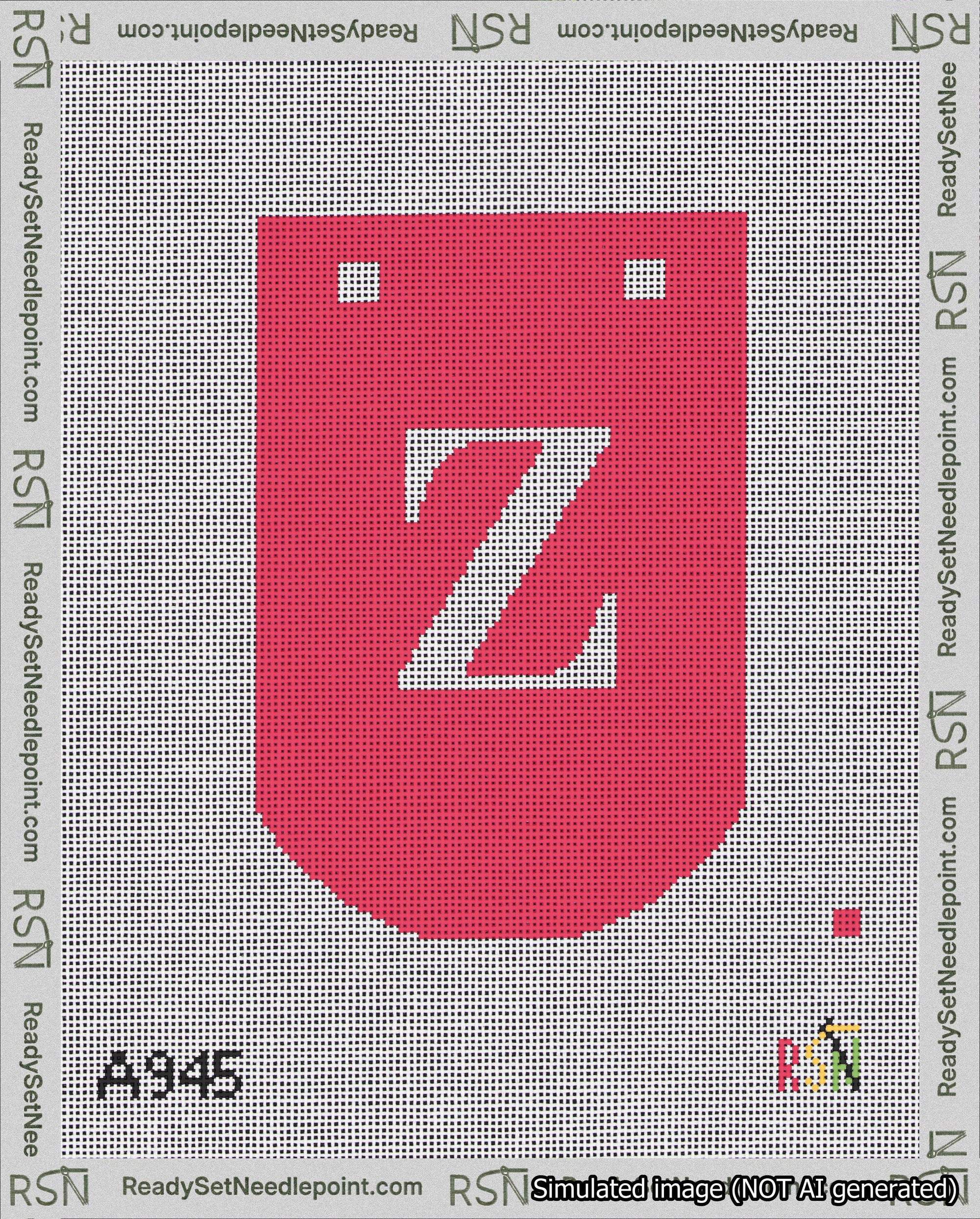 A taped needlepoint canvas with the design: Banner 18 mesh count Curved Z White on Red.