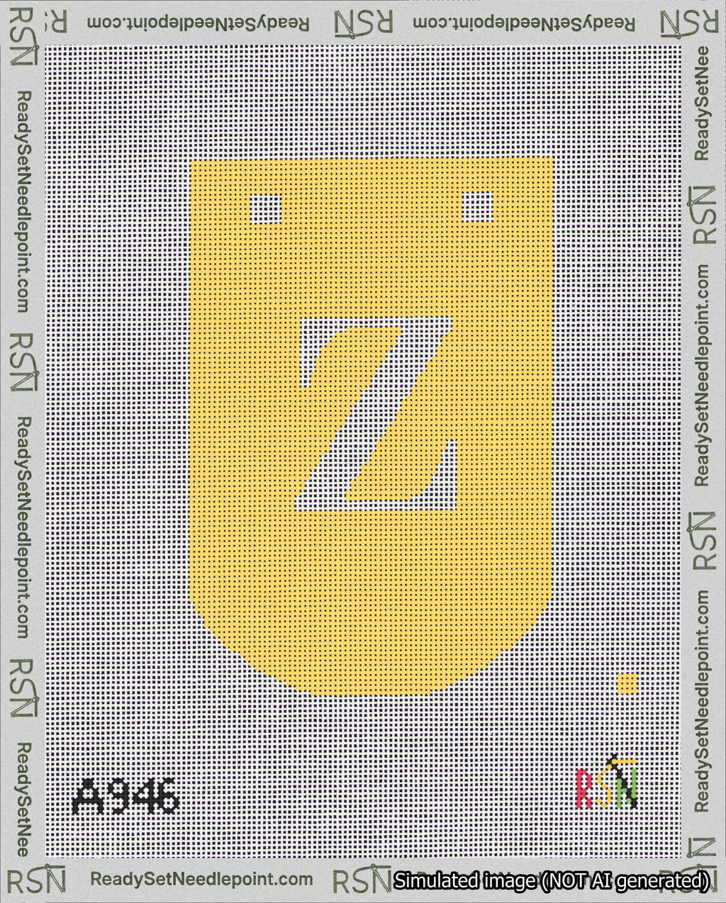 A taped needlepoint canvas with the design: Banner 18 mesh count Curved Z White on Yellow.