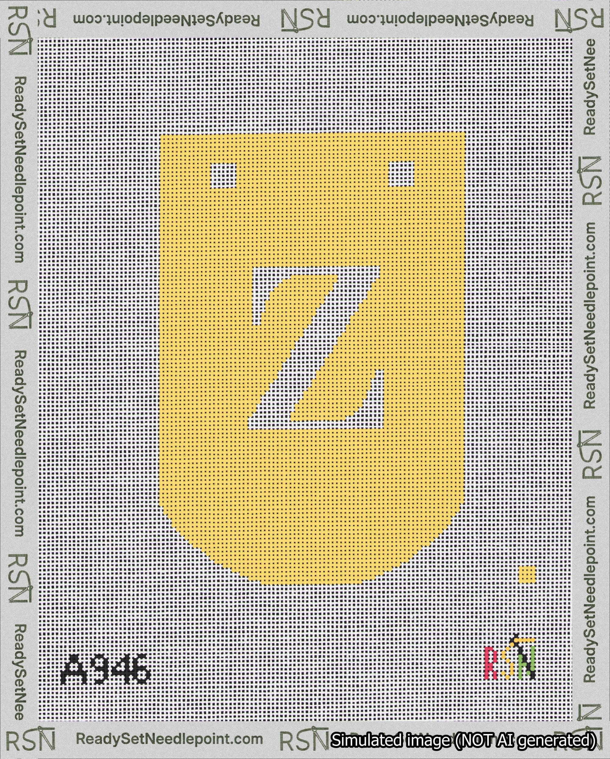 A taped needlepoint canvas with the design: Banner 18 mesh count Curved Z White on Yellow.