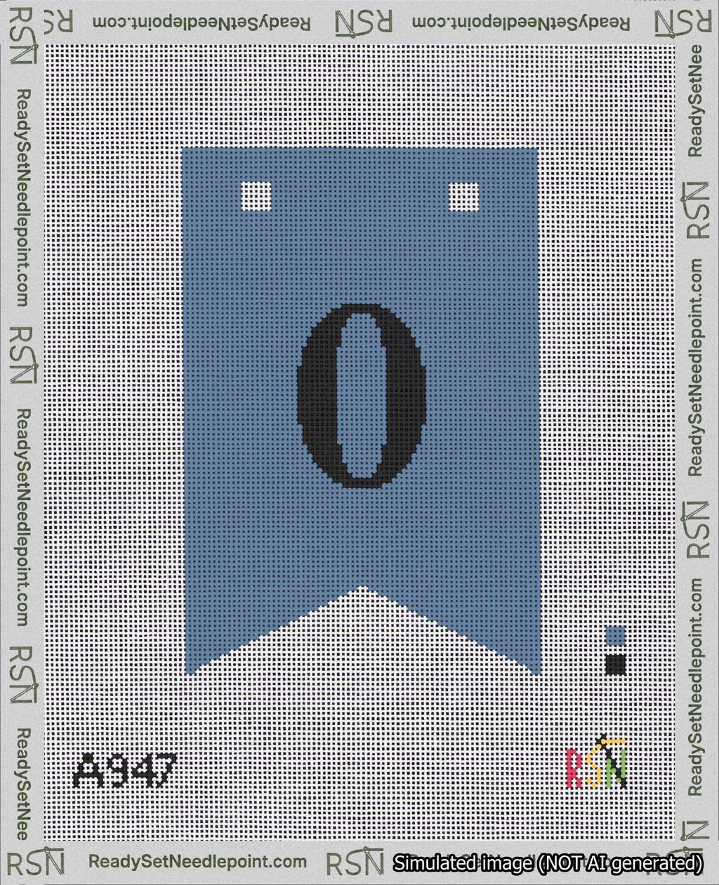 A taped needlepoint canvas with the design: Banner 18 mesh count Forked 0 Black on Blue.