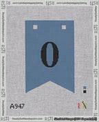 A taped needlepoint canvas with the design: Banner 18 mesh count Forked 0 Black on Blue.