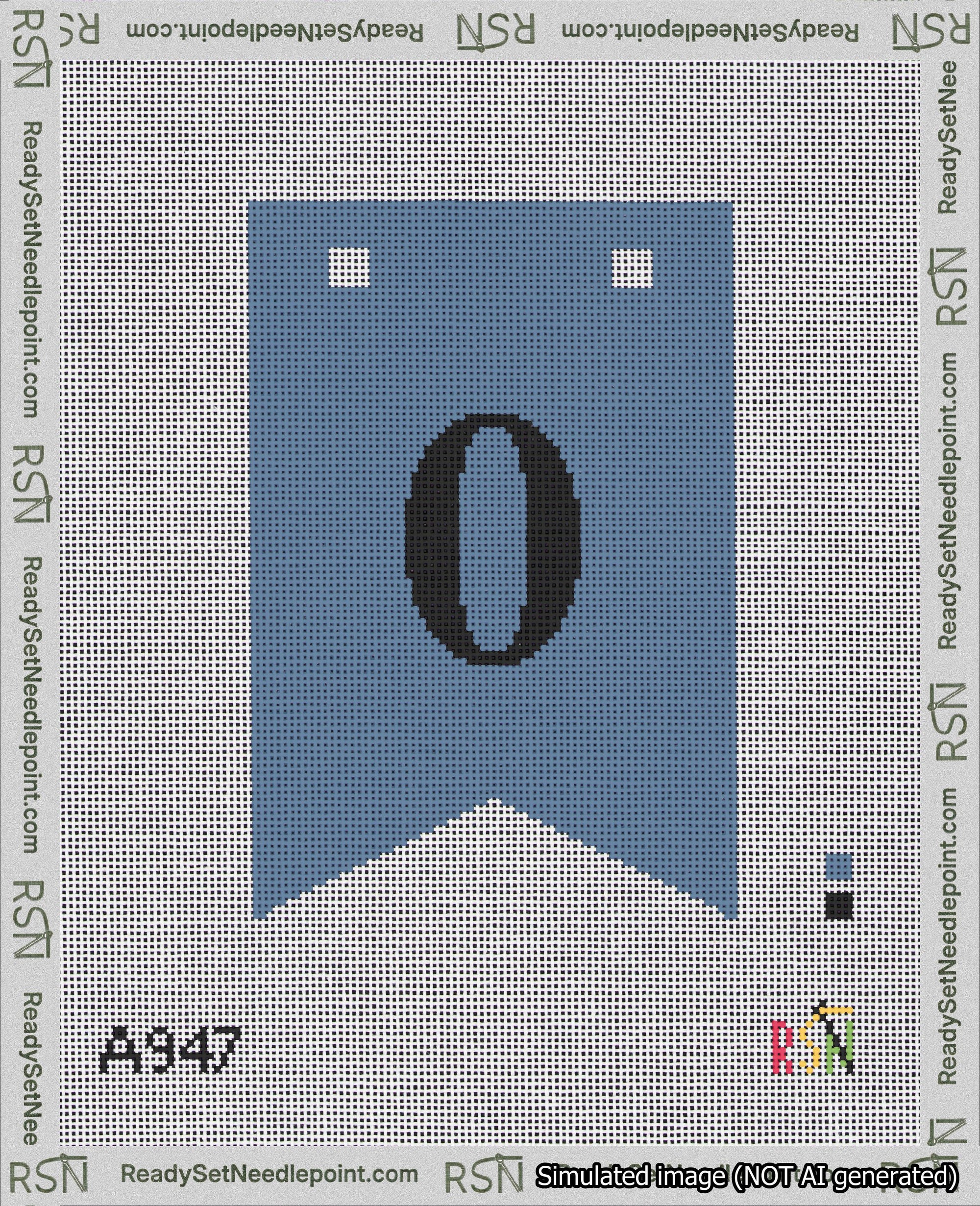 A taped needlepoint canvas with the design: Banner 18 mesh count Forked 0 Black on Blue.