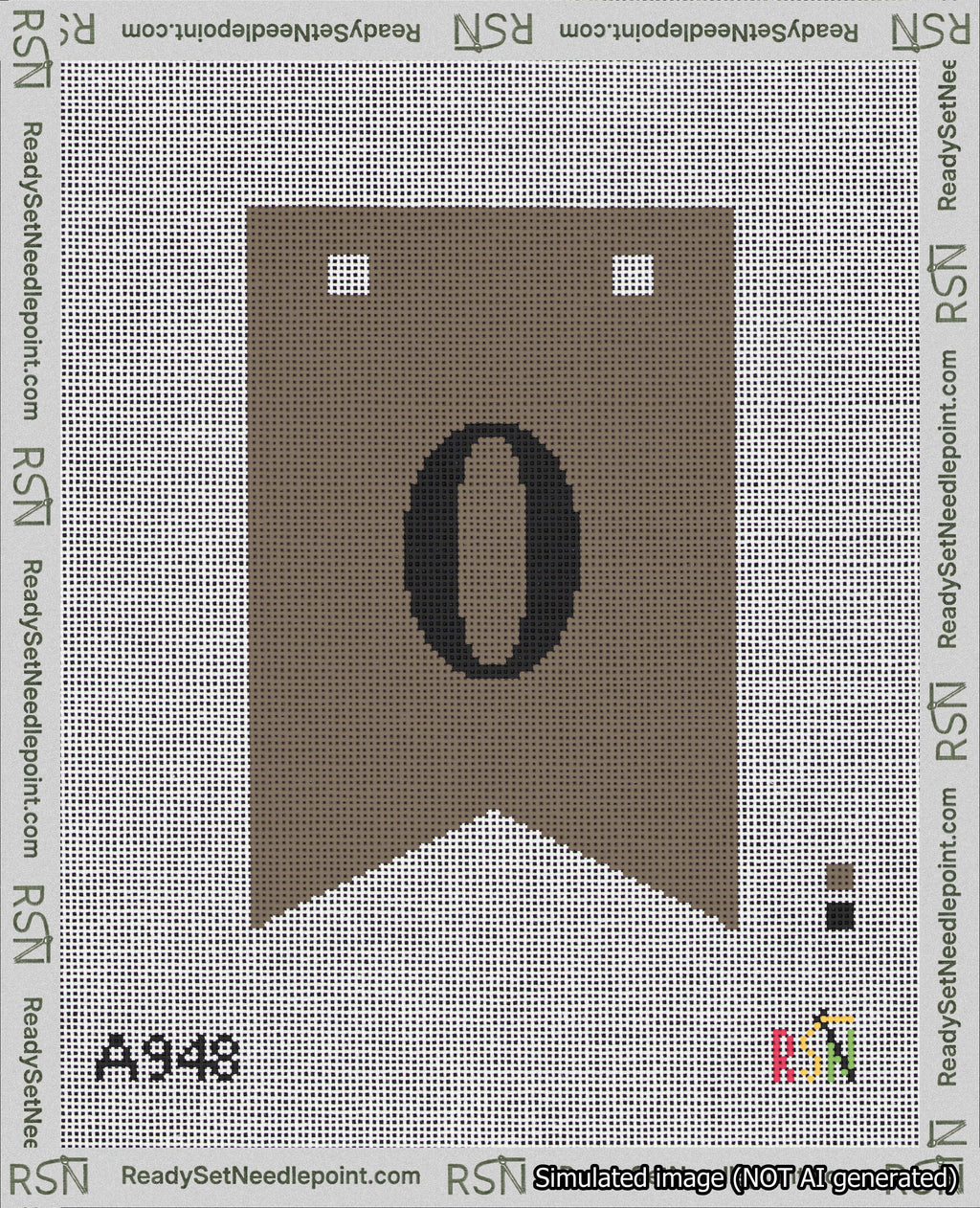 A taped needlepoint canvas with the design: Banner 18 mesh count Forked 0 Black on Brown.