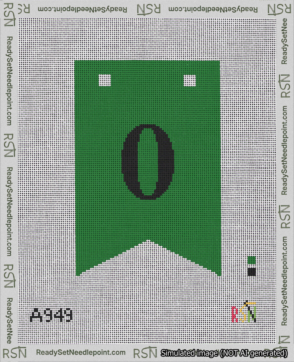 A taped needlepoint canvas with the design: Banner 18 mesh count Forked 0 Black on Green.