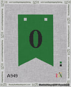 A taped needlepoint canvas with the design: Banner 18 mesh count Forked 0 Black on Green.