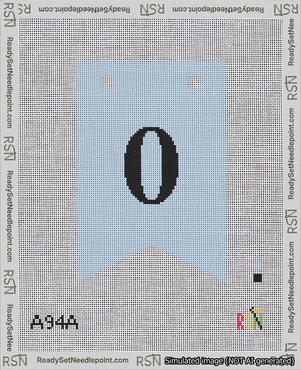 A taped needlepoint canvas with the design: Banner 18 mesh count Forked 0 Black on Light Blue.
