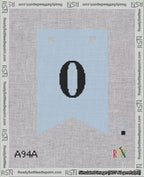 A taped needlepoint canvas with the design: Banner 18 mesh count Forked 0 Black on Light Blue.