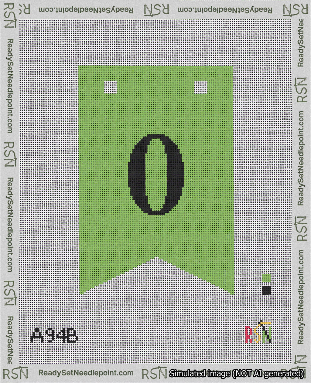 A taped needlepoint canvas with the design: Banner 18 mesh count Forked 0 Black on Light Green.