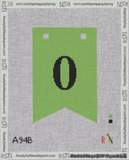 A taped needlepoint canvas with the design: Banner 18 mesh count Forked 0 Black on Light Green.