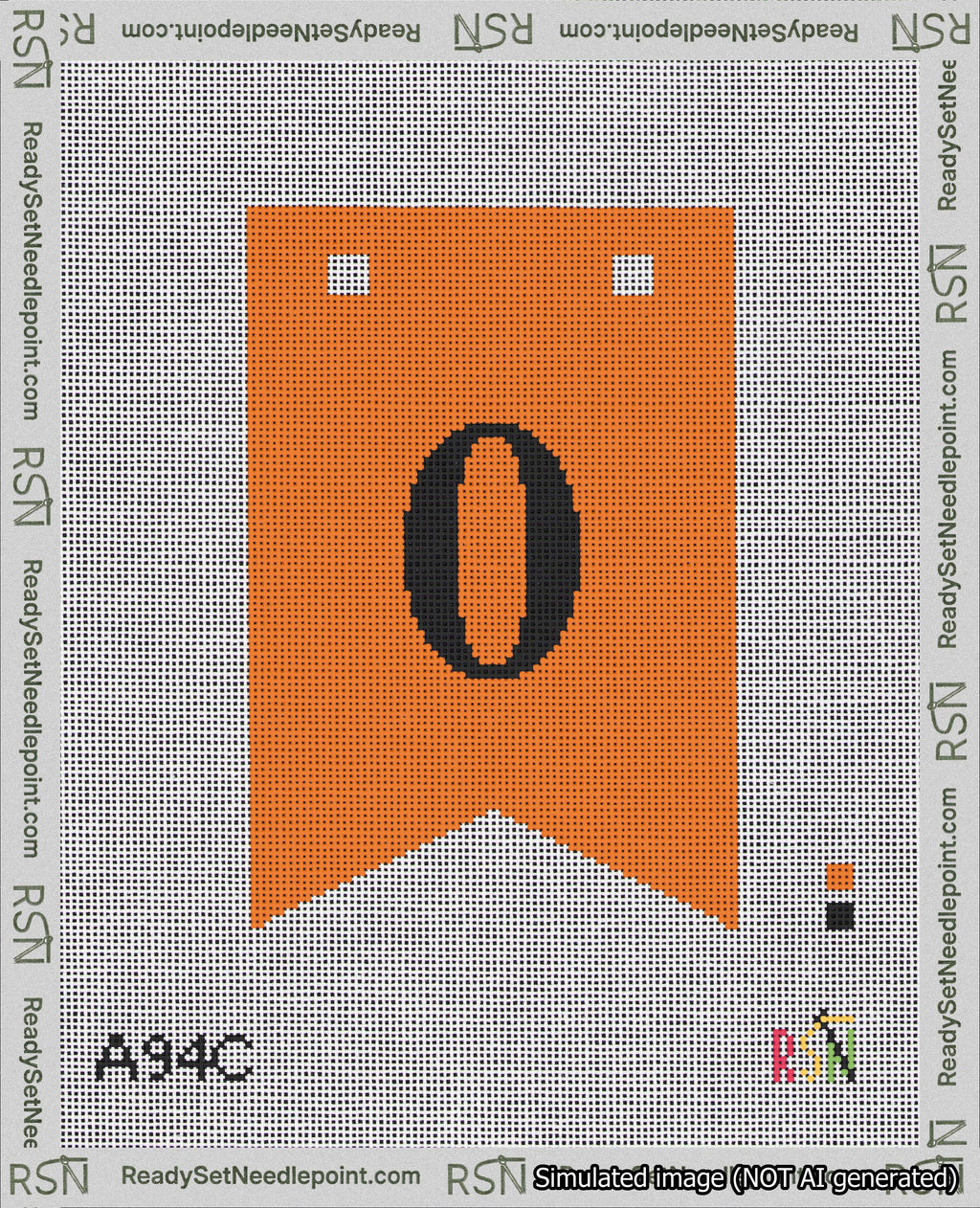 A taped needlepoint canvas with the design: Banner 18 mesh count Forked 0 Black on Orange.