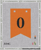 A taped needlepoint canvas with the design: Banner 18 mesh count Forked 0 Black on Orange.
