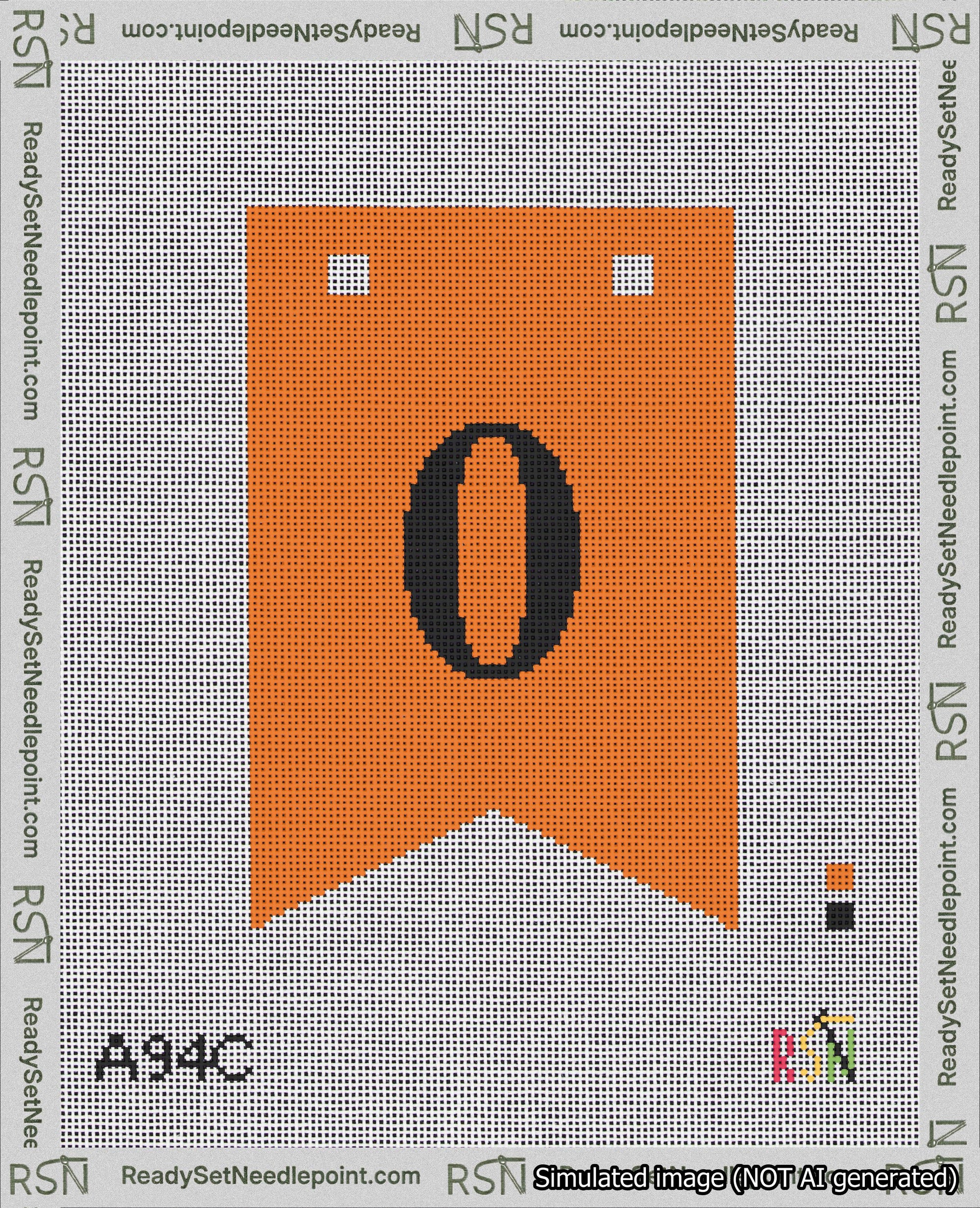 A taped needlepoint canvas with the design: Banner 18 mesh count Forked 0 Black on Orange.