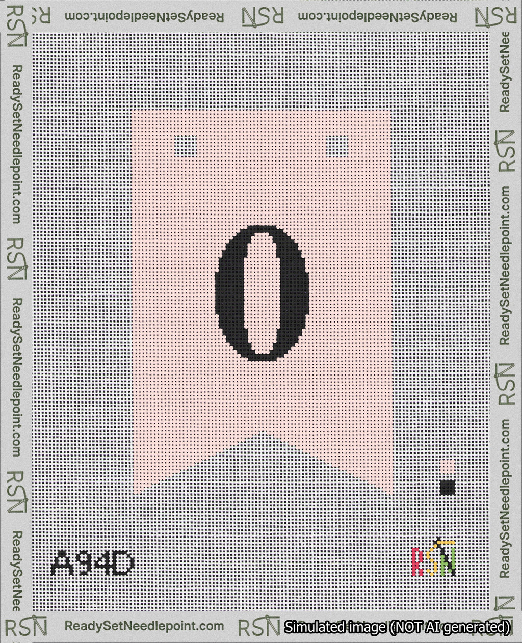 A taped needlepoint canvas with the design: Banner 18 mesh count Forked 0 Black on Pink.