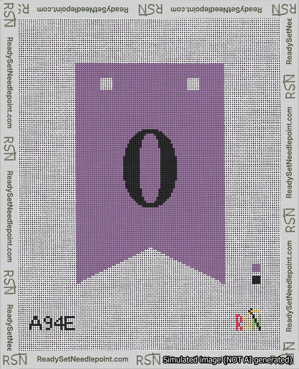 A taped needlepoint canvas with the design: Banner 18 mesh count Forked 0 Black on Purple.