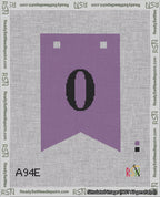 A taped needlepoint canvas with the design: Banner 18 mesh count Forked 0 Black on Purple.