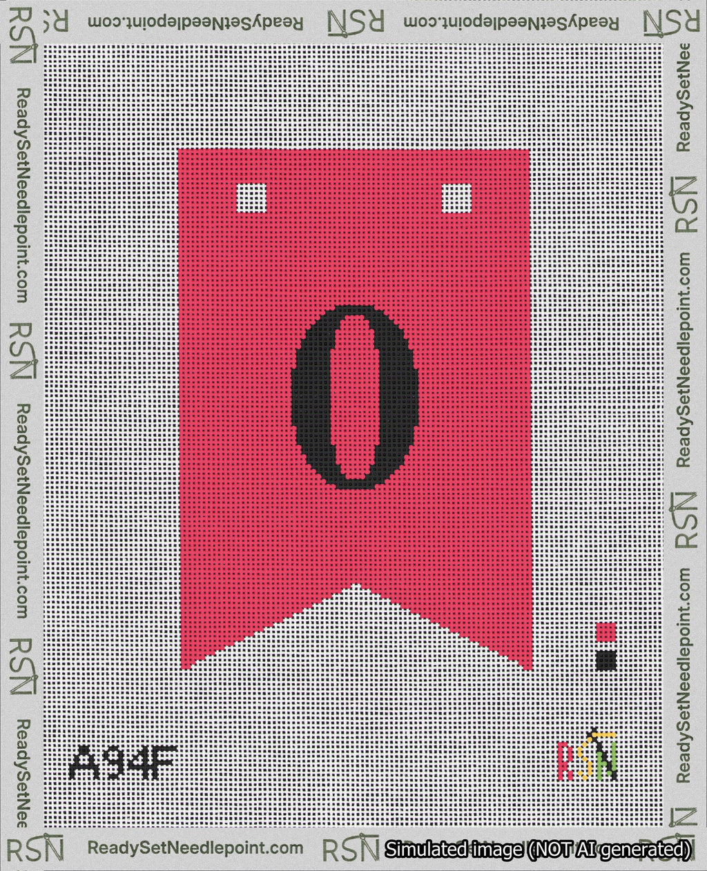 A taped needlepoint canvas with the design: Banner 18 mesh count Forked 0 Black on Red.