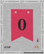 A taped needlepoint canvas with the design: Banner 18 mesh count Forked 0 Black on Red.