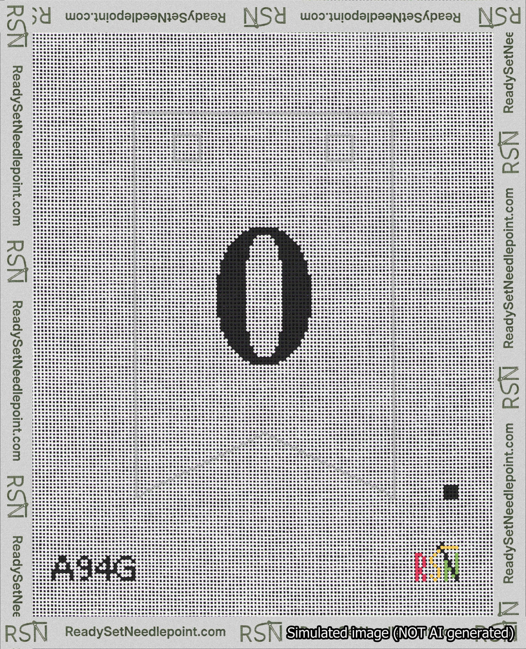 A taped needlepoint canvas with the design: Banner 18 mesh count Forked 0 Black on White.