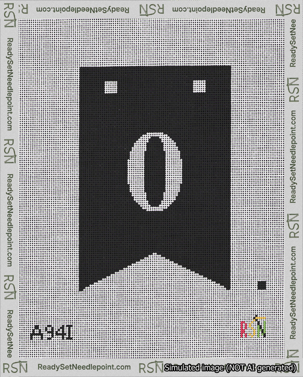 A taped needlepoint canvas with the design: Banner 18 mesh count Forked 0 White on Black.