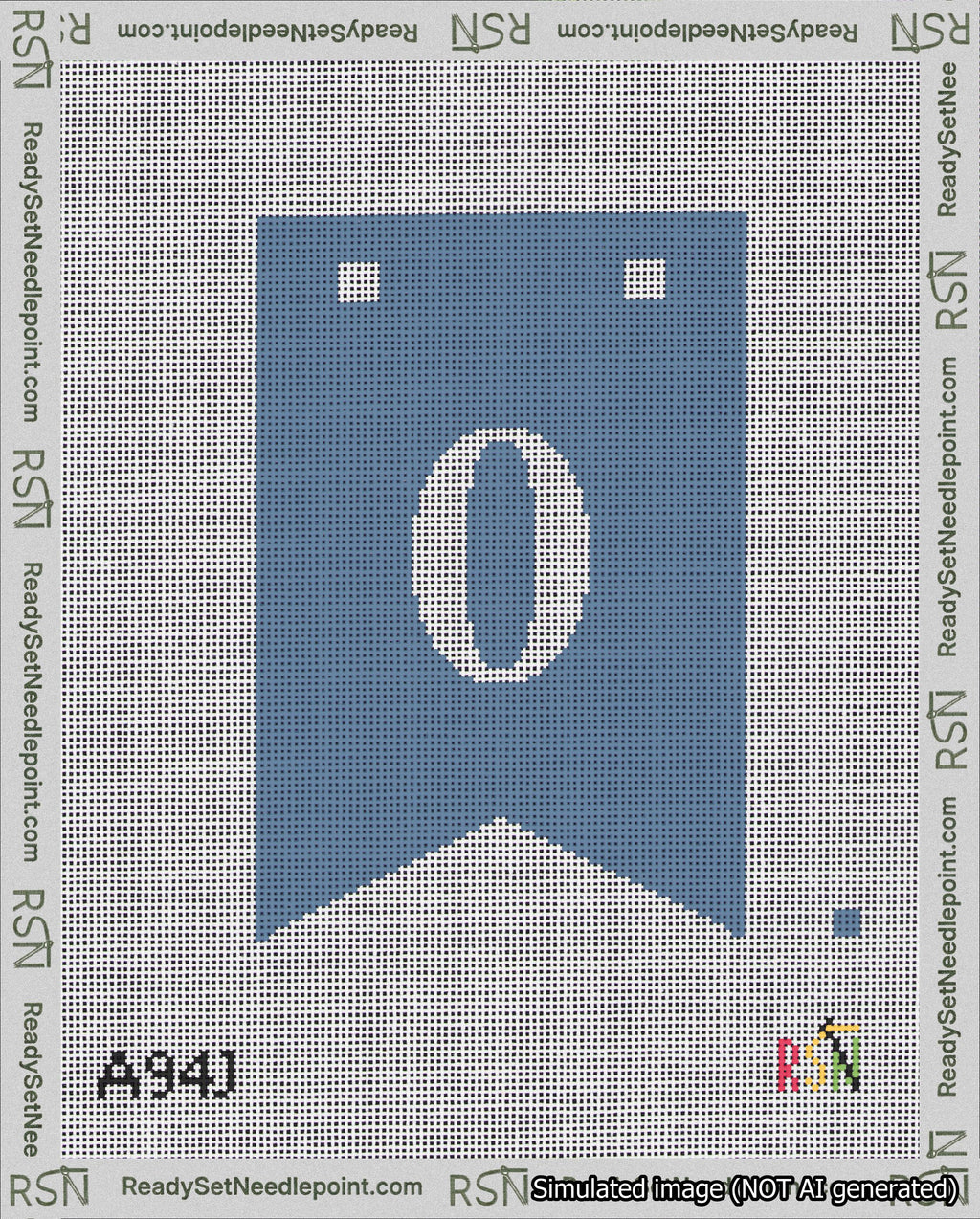 A taped needlepoint canvas with the design: Banner 18 mesh count Forked 0 White on Blue.