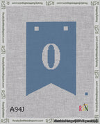 A taped needlepoint canvas with the design: Banner 18 mesh count Forked 0 White on Blue.