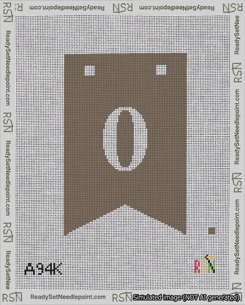 A taped needlepoint canvas with the design: Banner 18 mesh count Forked 0 White on Brown.