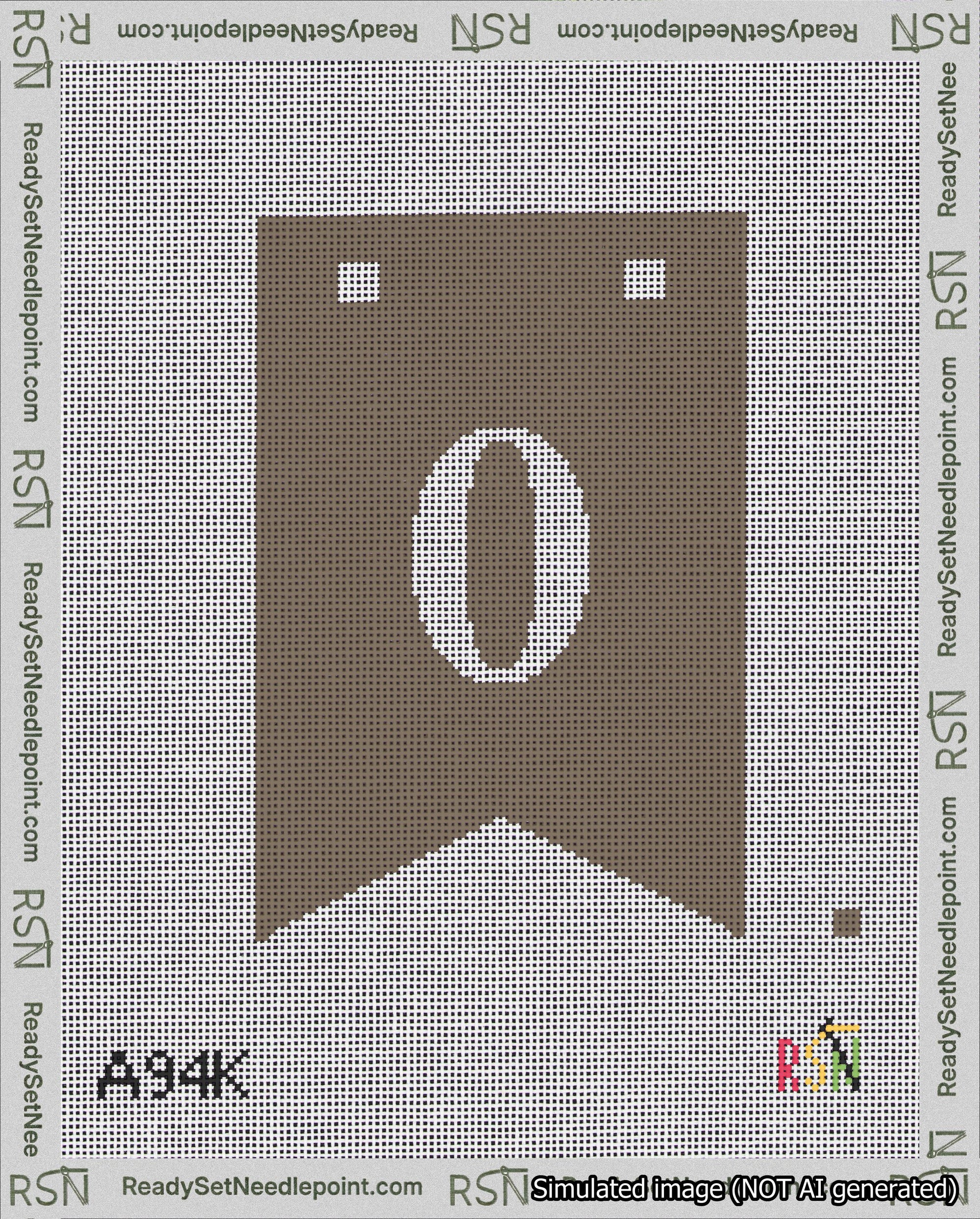 A taped needlepoint canvas with the design: Banner 18 mesh count Forked 0 White on Brown.