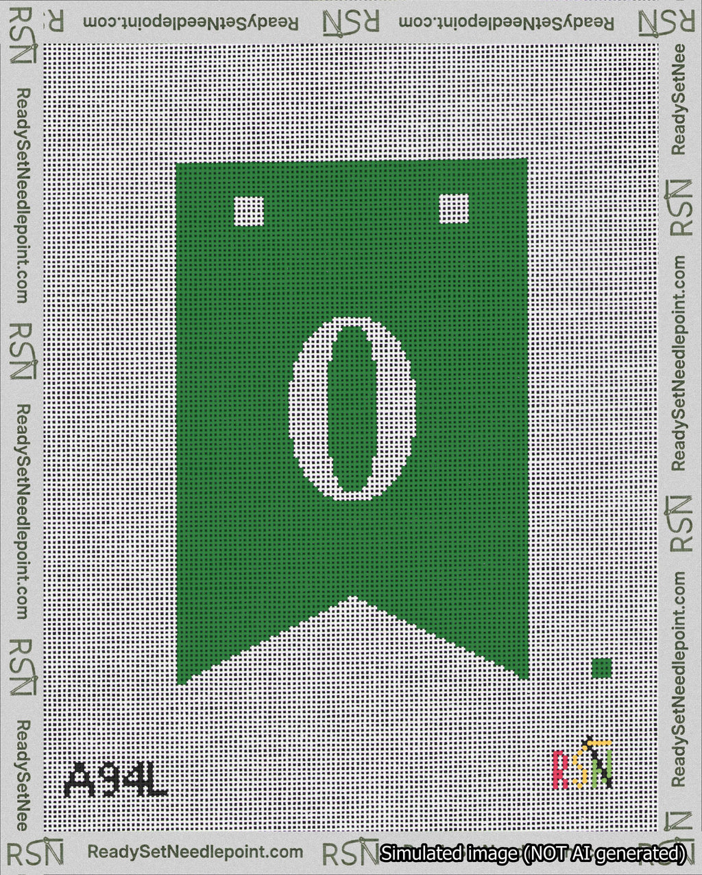 A taped needlepoint canvas with the design: Banner 18 mesh count Forked 0 White on Green.
