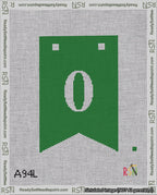 A taped needlepoint canvas with the design: Banner 18 mesh count Forked 0 White on Green.