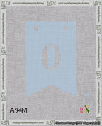 A taped needlepoint canvas with the design: Banner 18 mesh count Forked 0 White on Light Blue.