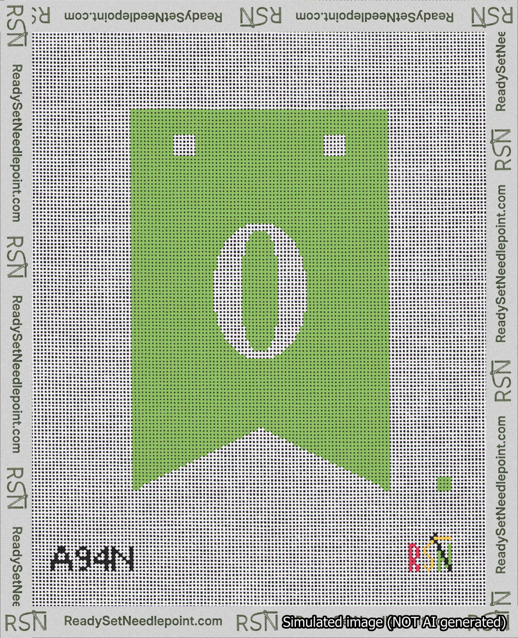 A taped needlepoint canvas with the design: Banner 18 mesh count Forked 0 White on Light Green.