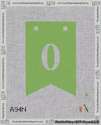 A taped needlepoint canvas with the design: Banner 18 mesh count Forked 0 White on Light Green.