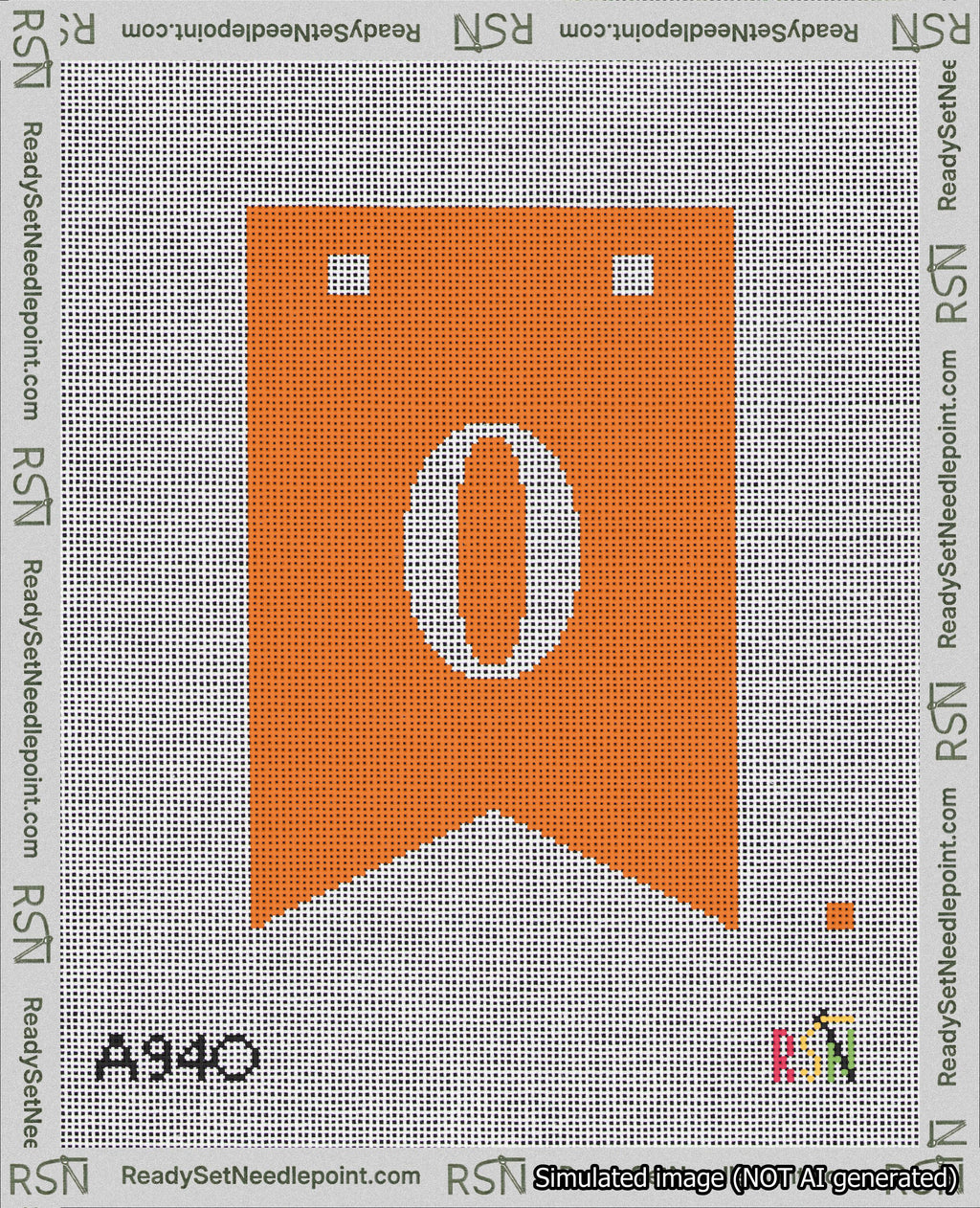A taped needlepoint canvas with the design: Banner 18 mesh count Forked 0 White on Orange.