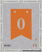 A taped needlepoint canvas with the design: Banner 18 mesh count Forked 0 White on Orange.