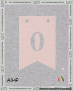 A taped needlepoint canvas with the design: Banner 18 mesh count Forked 0 White on Pink.