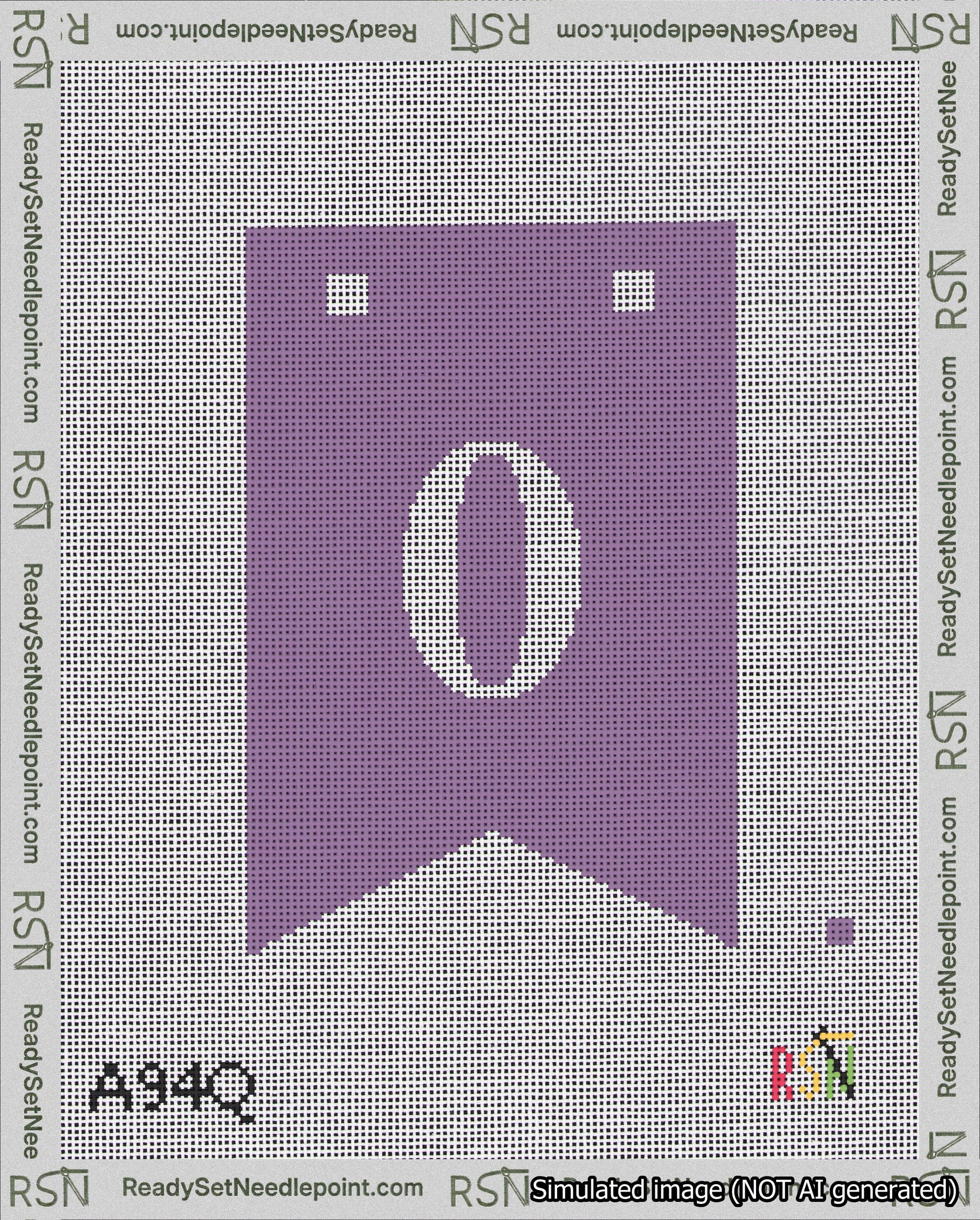 A taped needlepoint canvas with the design: Banner 18 mesh count Forked 0 White on Purple.