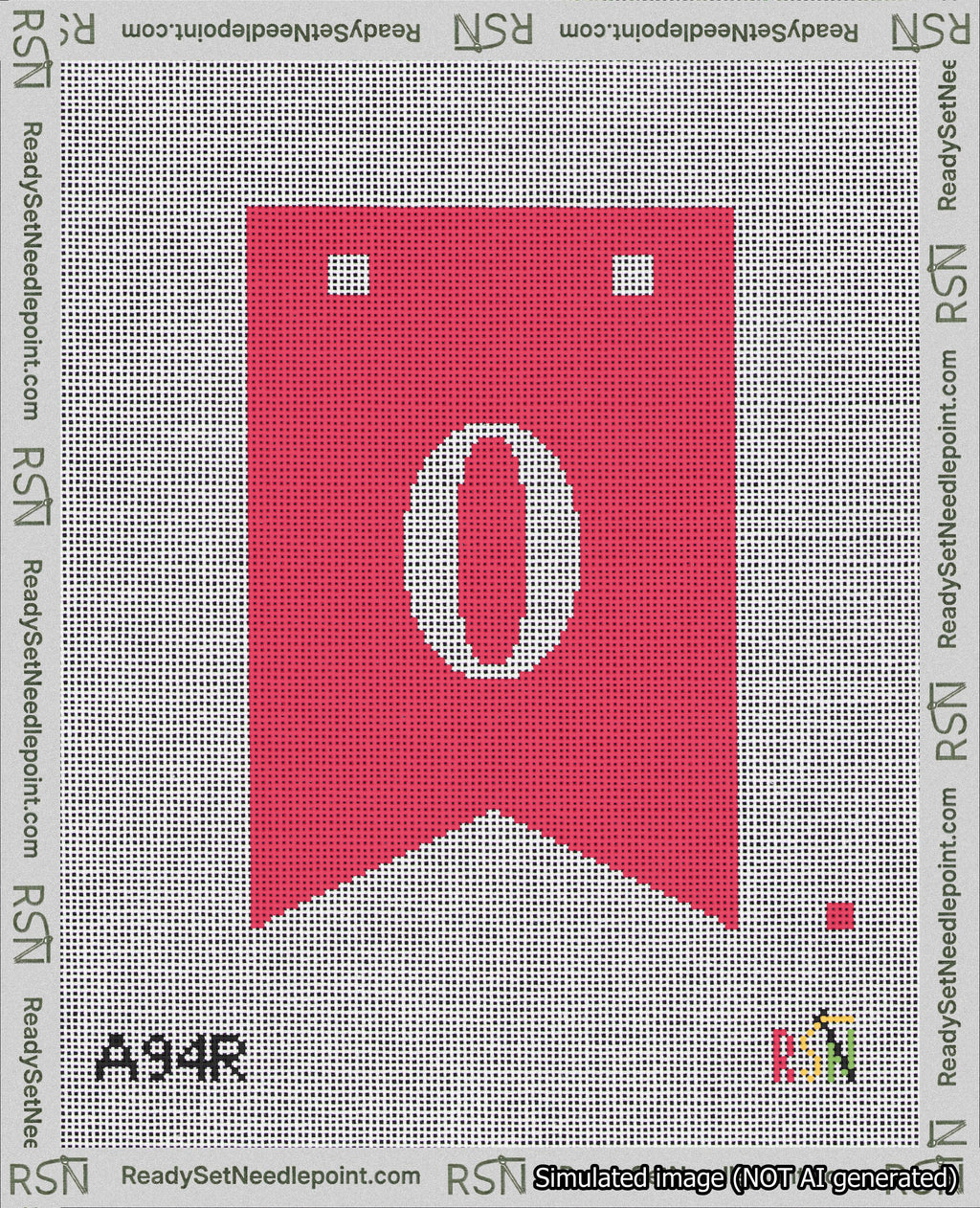 A taped needlepoint canvas with the design: Banner 18 mesh count Forked 0 White on Red.