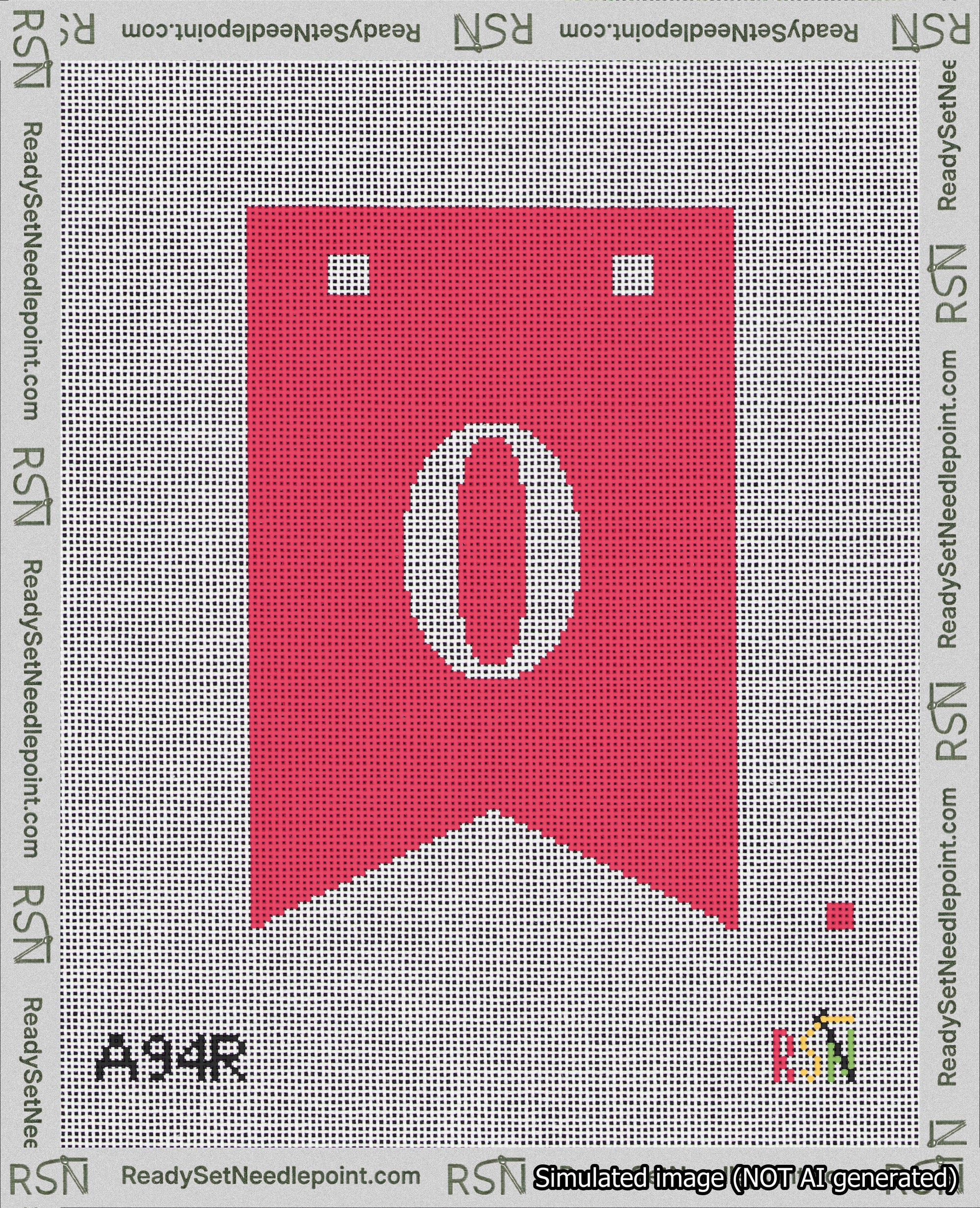 A taped needlepoint canvas with the design: Banner 18 mesh count Forked 0 White on Red.
