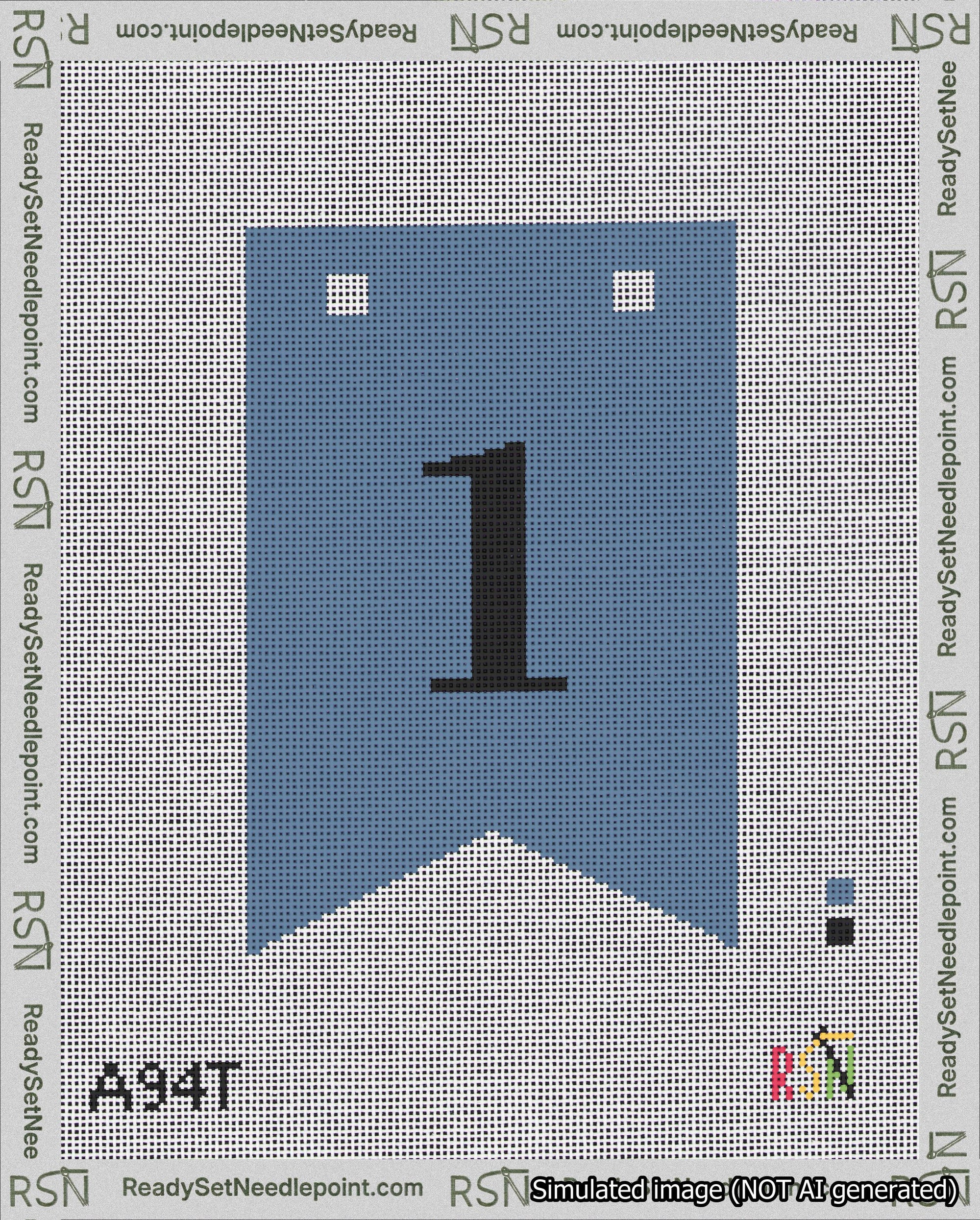 A taped needlepoint canvas with the design: Banner 18 mesh count Forked 1 Black on Blue.