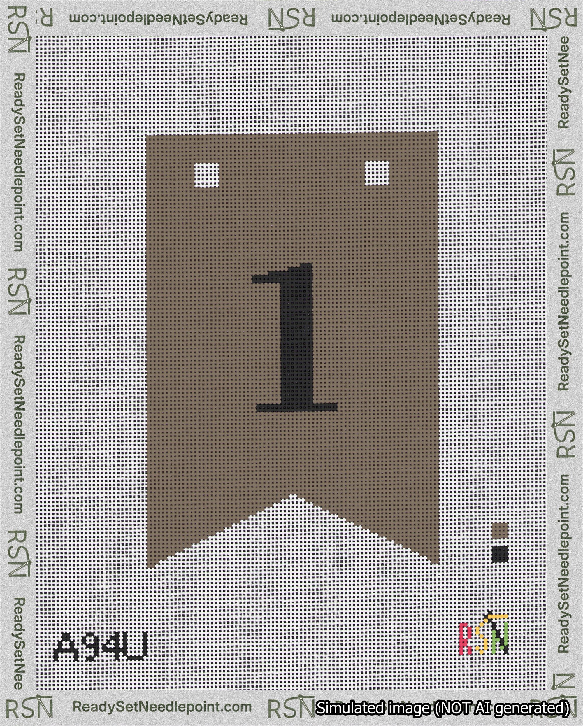 A taped needlepoint canvas with the design: Banner 18 mesh count Forked 1 Black on Brown.