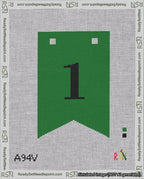 A taped needlepoint canvas with the design: Banner 18 mesh count Forked 1 Black on Green.