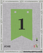 A taped needlepoint canvas with the design: Banner 18 mesh count Forked 1 Black on Light Green.