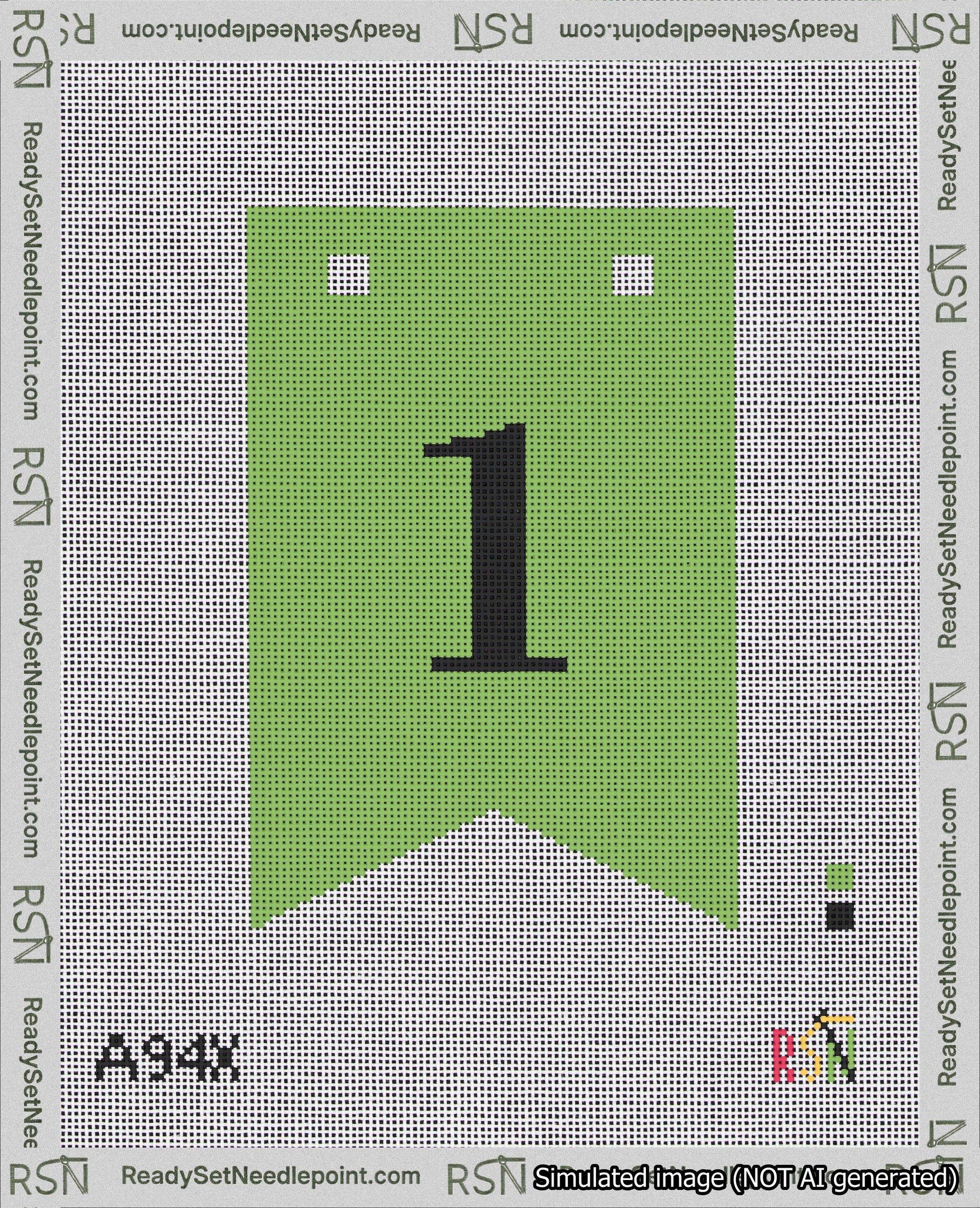 A taped needlepoint canvas with the design: Banner 18 mesh count Forked 1 Black on Light Green.