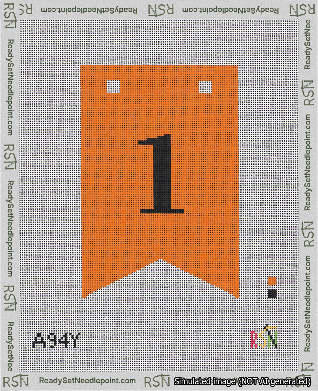 A taped needlepoint canvas with the design: Banner 18 mesh count Forked 1 Black on Orange.