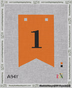 A taped needlepoint canvas with the design: Banner 18 mesh count Forked 1 Black on Orange.