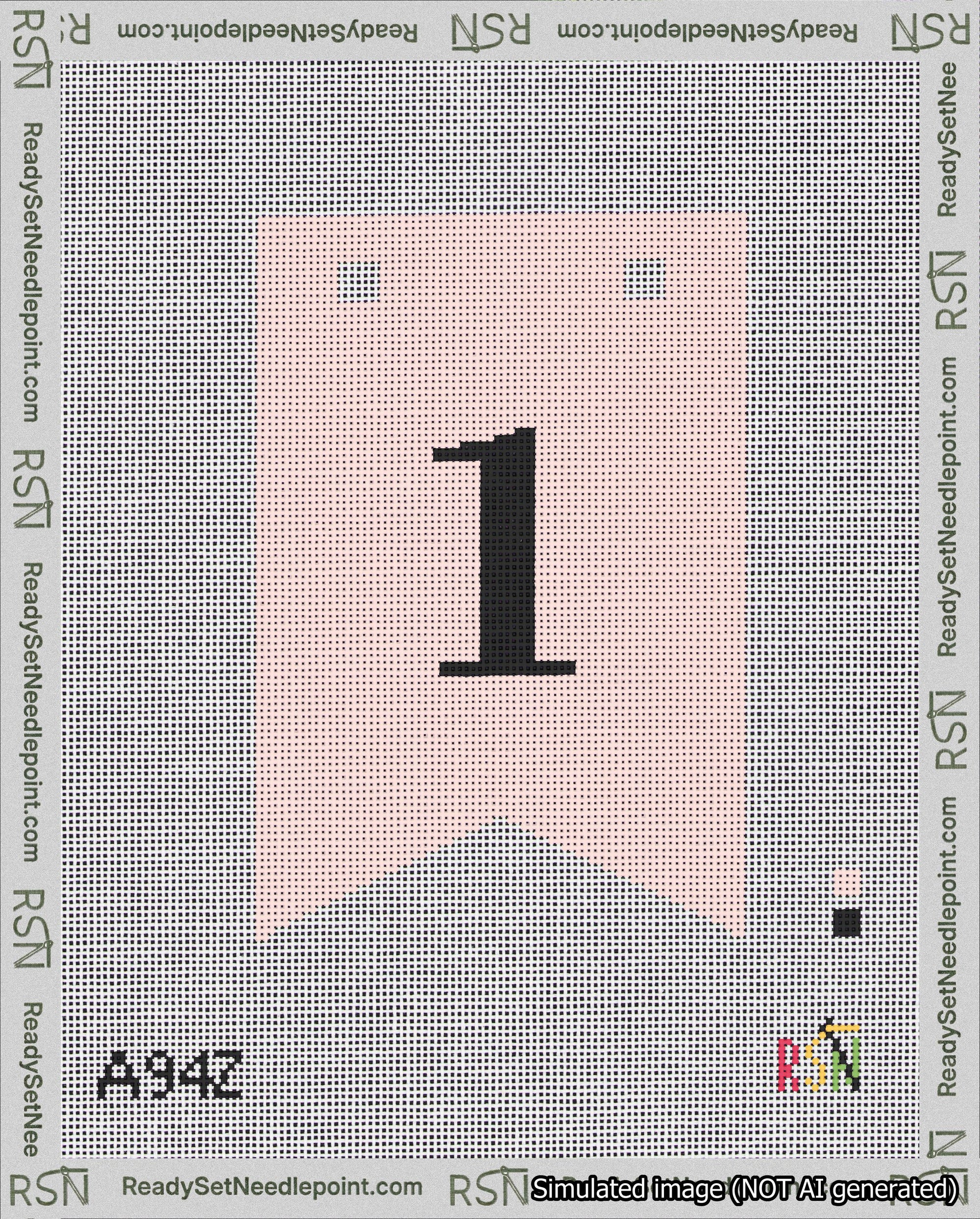 A taped needlepoint canvas with the design: Banner 18 mesh count Forked 1 Black on Pink.