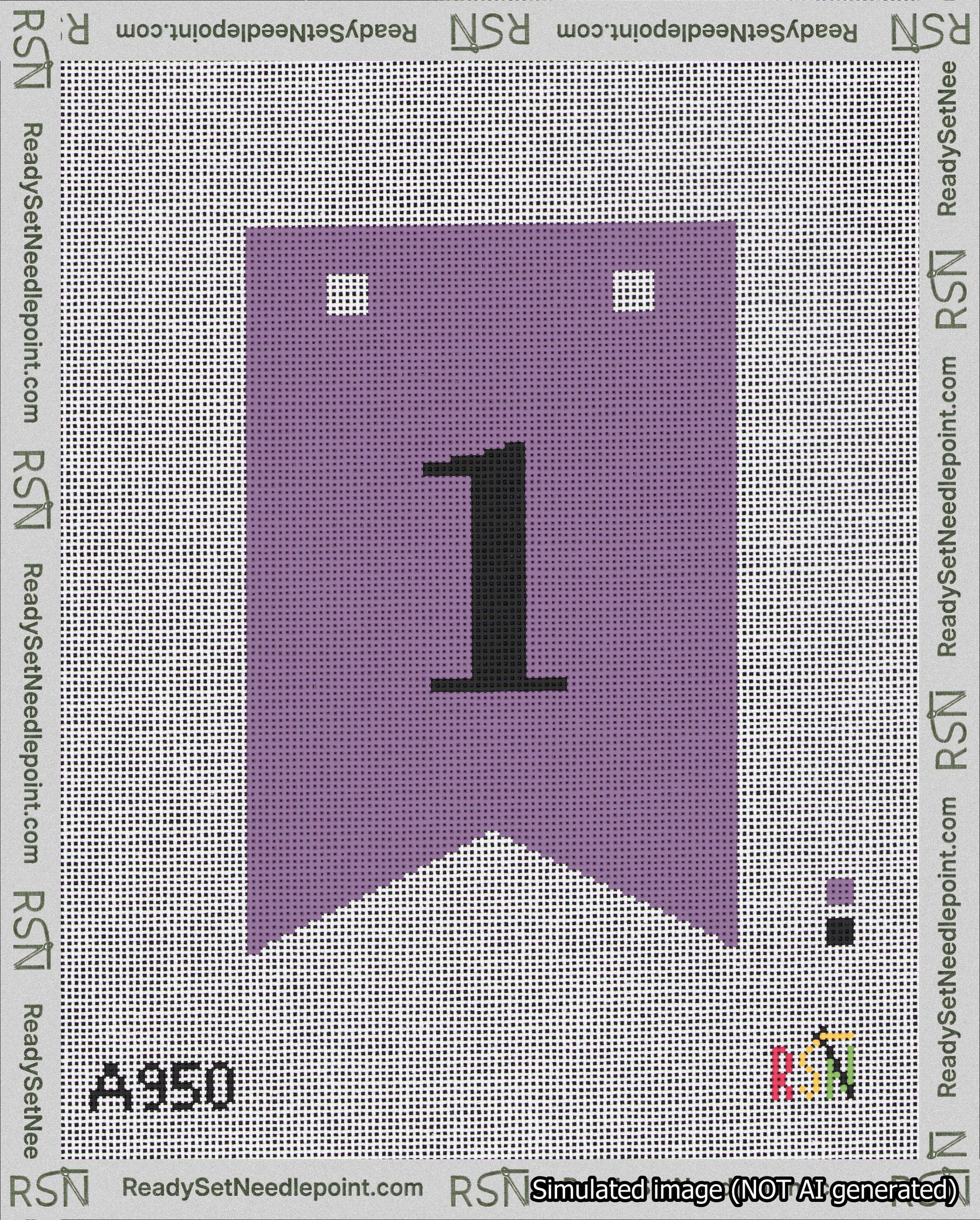A taped needlepoint canvas with the design: Banner 18 mesh count Forked 1 Black on Purple.